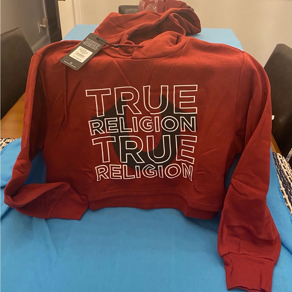 True Religion Textured Logo Crop Pullover Hoodie